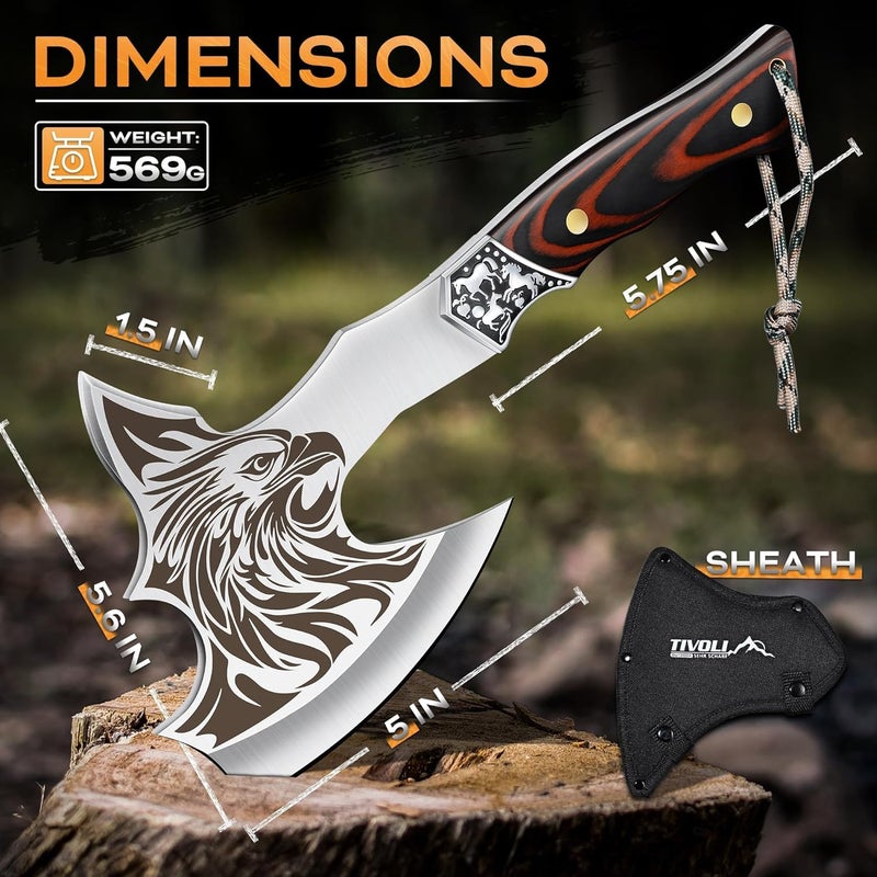 Tivoli Camping Axe, Eagle - Patterned Survival Hatchet with Nylon Sheath, High Carbon Steel Blade Compact Outdoor Bushcraft Axe with Ergonomic Wood Grip, Camping Gear for Hiking, Chopping, Hunting - Image 4